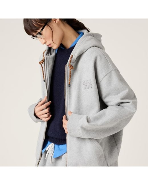 Miu Miu Oversized Zip-Up Cotton Fleece Sweatshirt in Grey