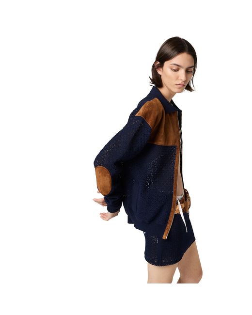 Miu Miu Blue Cotton Crochet And Suede Cardigan