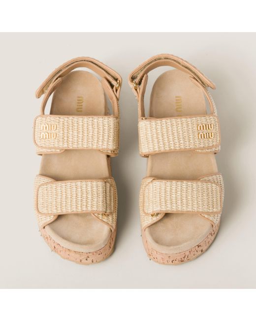 Miu Miu Natural Raffia-Effect Woven Fabric Flatform Sandals