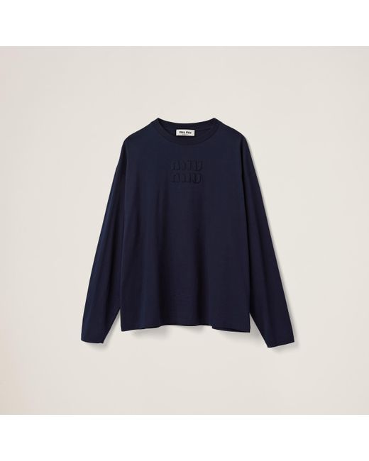 Miu Miu Blue Cotton T-shirt With Embroidered Logo