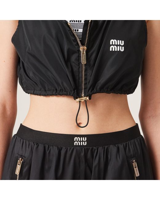 Miu Miu Black Technical Silk Shorts With Printed Logo
