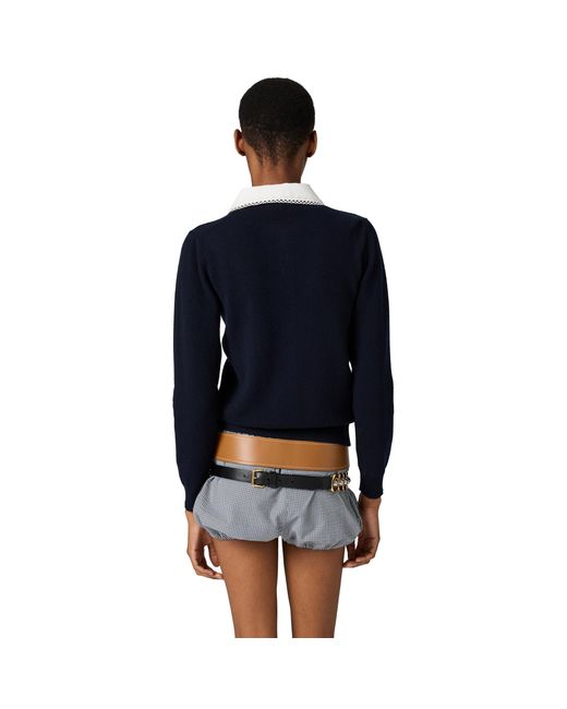 Miu Miu Blue Cashmere Cardigan With Embroidered Poplin Collar