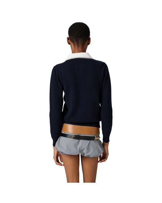 Miu Miu Blue Cashmere Cardigan With Embroidered Poplin Collar