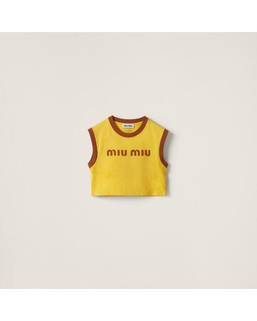 Miu Miu Yellow Cotton Jersey Top With Embroidered Logo