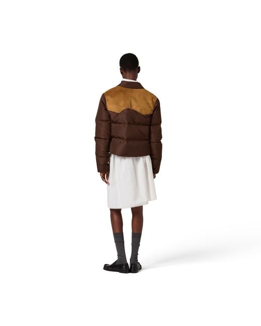 Miu Miu Brown Technical Pongé And Leather Down Jacket