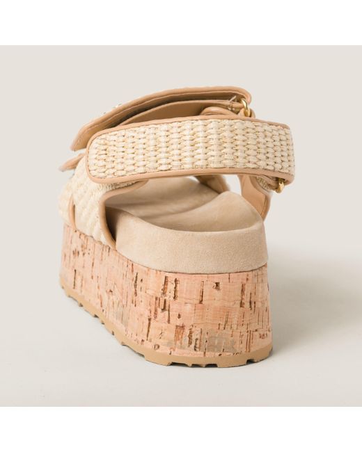 Miu Miu Natural Raffia-Effect Woven Fabric Flatform Sandals