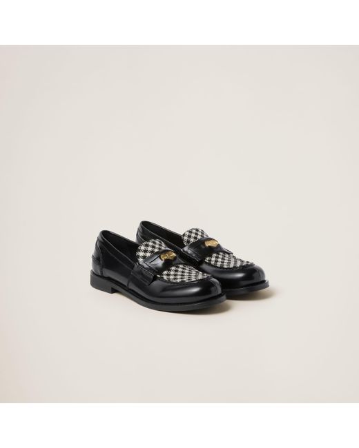 Miu Miu Black Brushed Leather And Gingham Check Fabric Loafers