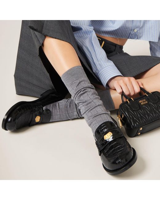 Miu Miu Black Croco-print Leather Penny Loafers