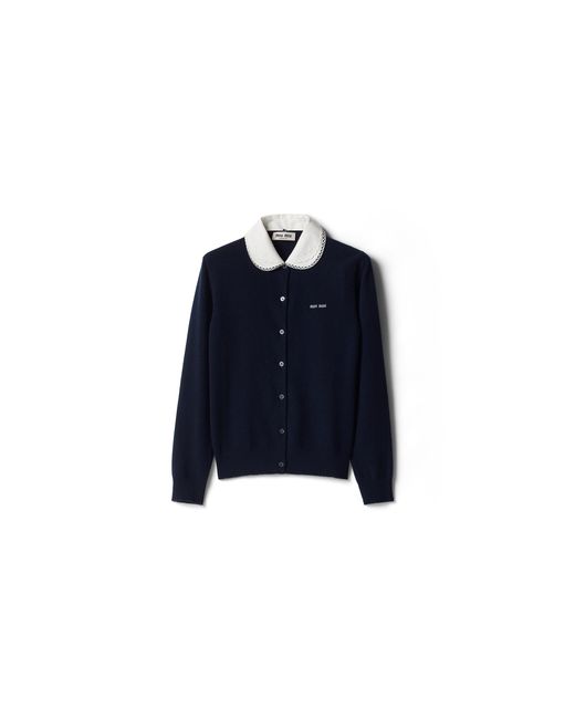 Miu Miu Blue Cashmere Cardigan With Embroidered Poplin Collar