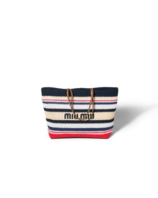 Miu Miu Blue Raffia-Effect Woven Tote Bag