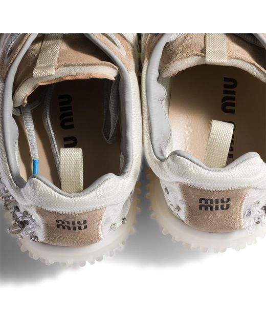 Miu Miu White Bubble Embroidered Technical Fabric And Suede Sneakers