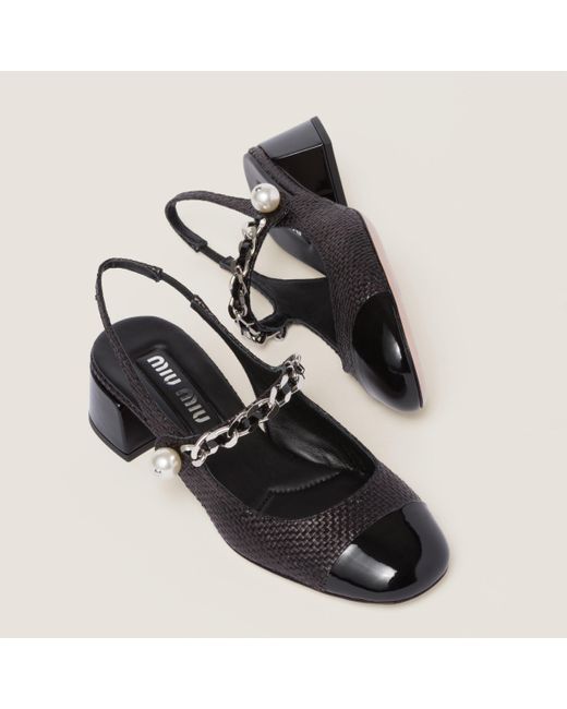 Miu Miu Black Patent Leather And Raffia Slingback Pumps