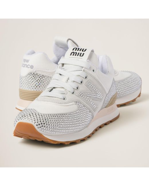 Miu Miu White 574 New Balance X Suede And Denim Sneakers