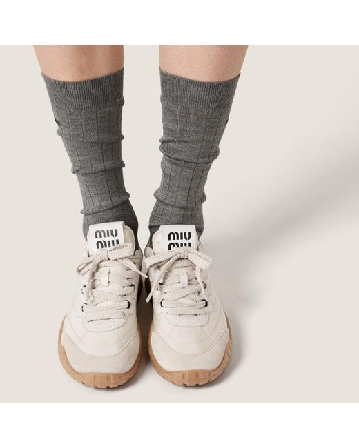 Miu Miu White Tyre Technical Fabric And Suede Sneakers