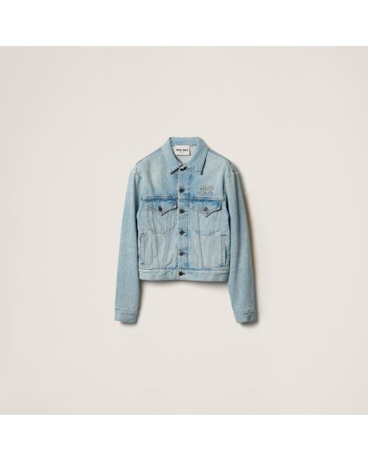 Miu Miu Blue Denim Jacket With Embroidered Logo