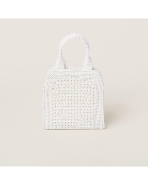 Miu Miu White Raffia-Effect Crochet Fabric Tote Bag