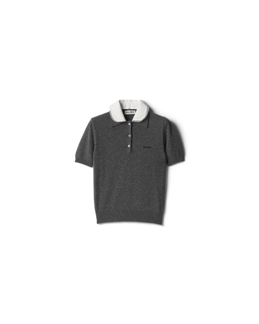 Miu Miu Gray Cashmere Polo With Embroidered Poplin Collar