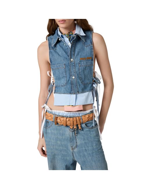Miu Miu Blue Cropped Chambray Tie Shirt