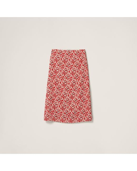 Miu Miu Red Floral Print Crepe De Chine Skirt