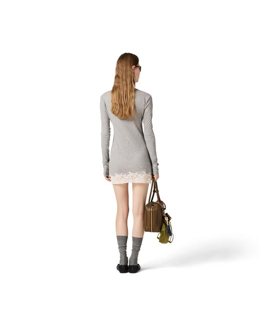 Miu Miu Gray Ribbed Jersey And Lace Dress