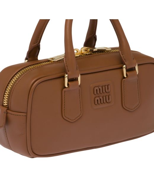 Miu Miu Arcadie Leather Bag Brown Brown in Leather with Gold-tone - US