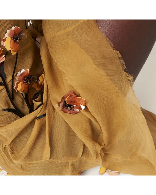 Miu Miu Metallic Chiffon Dress With Floral Embroidery