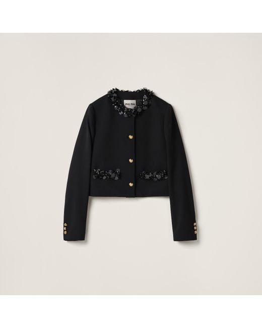 Miu Miu Black Embroidered Single-breasted Grain De Poudre Jacket