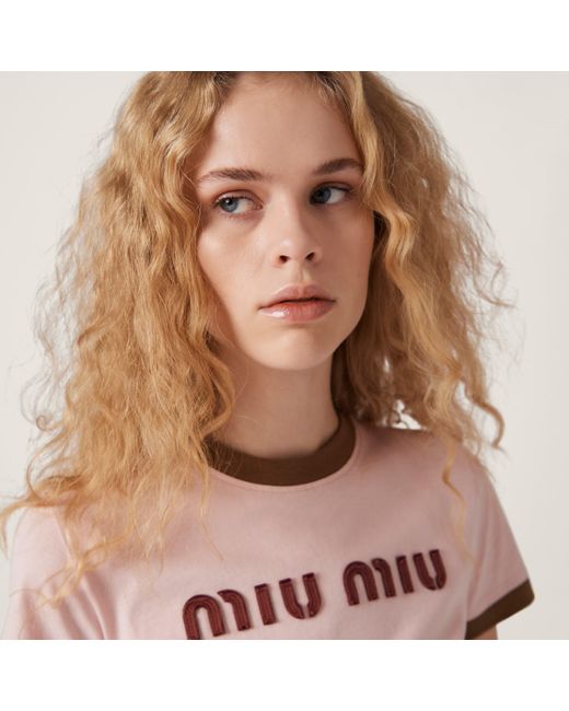 Miu Miu Pink Embroidered Cotton Jersey T-Shirt
