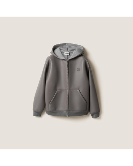 Miu Miu Gray Nappa Leather And Bonded Jersey Hoodie Jacket
