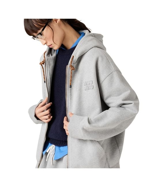 Miu Miu Gray Oversized Zip-Up Cotton Fleece Sweatshirt