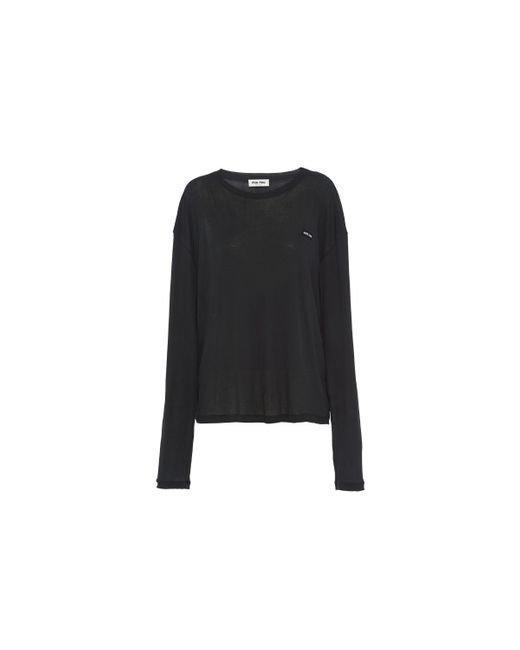 Miu Miu Black Long-sleeved Garment-dyed Ribbed Knit Jersey T-shirt