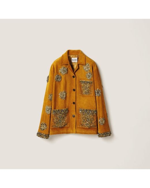 Miu Miu Embroidered Suede Button-Up Jacket in Yellow | Lyst