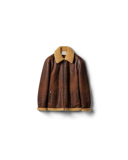 Miu Miu Brown Waxed Shearling Blouson Jacket