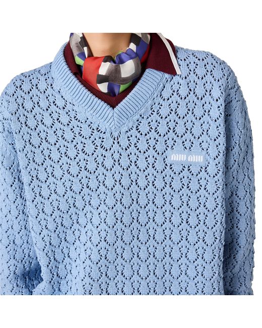 Miu Miu Blue Cotton V-Neck Sweater