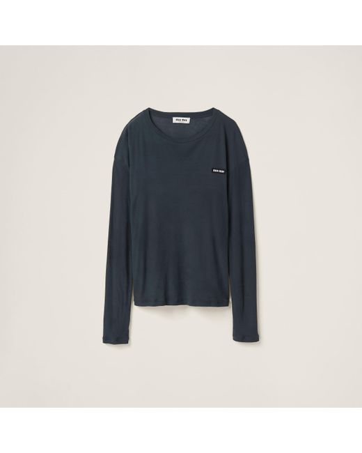 Miu Miu Blue Long-sleeved Garment-dyed Ribbed Knit Jersey T-shirt