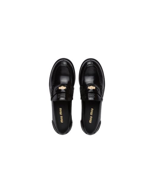Miu Miu Black Brushed Leather Penny Loafers