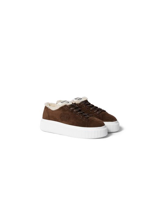 Miu Miu Brown Suede And Shearling Sneakers