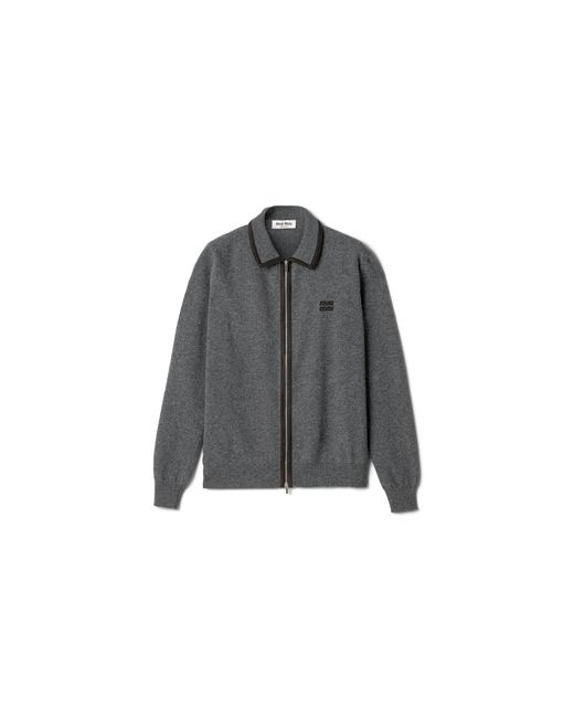 Miu Miu Gray Wool And Cashmere Cardigan With Suede Details