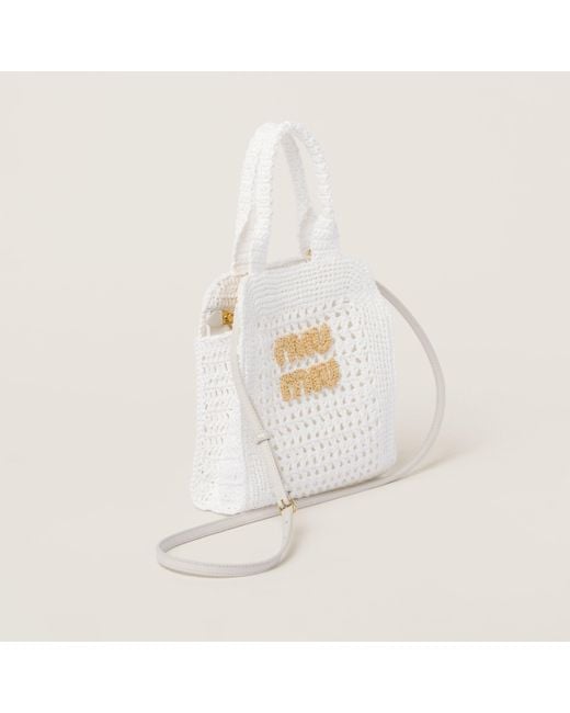 Miu Miu White Raffia-Effect Crochet Fabric Tote Bag