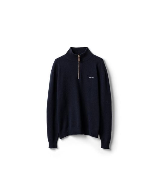 Miu Miu Blue Cashmere And Leather Zipper Sweater