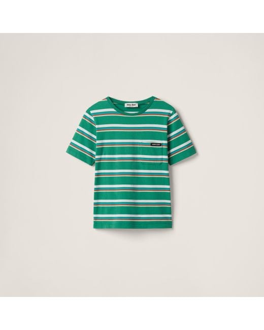 Miu Miu Green Striped Cotton T-Shirt