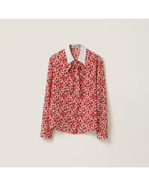 Miu Miu Red Floral Print Crepe De Chine Shirt