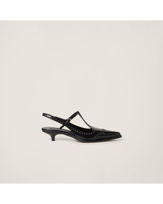 Miu Miu Black Brushed Leather Brogue Slingback T-Strap Pumps