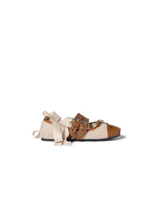 Miu Miu Brown Canvas And Leather Ballerinas