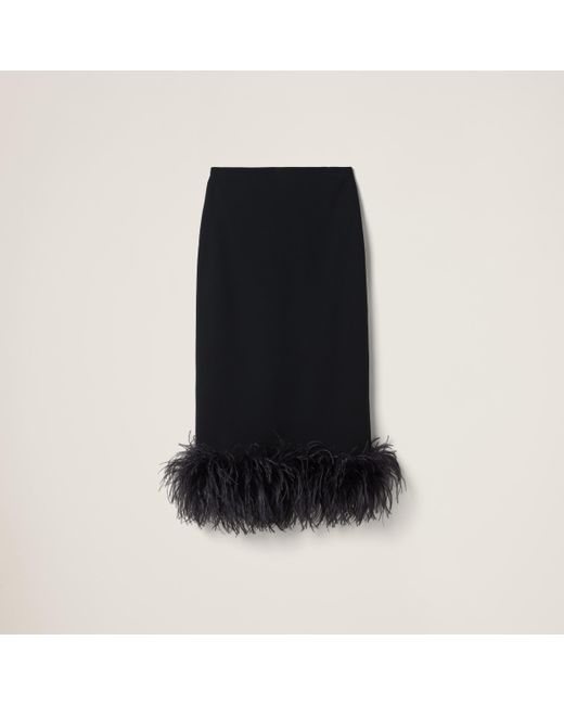 Miu Miu Black Stretch Cady Skirt With Feathers