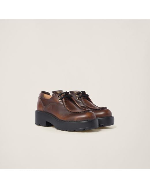 Miu Miu Laced Fumé Leather Shoes in Brown | Lyst