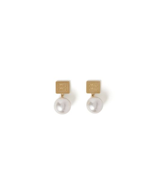 Miu Miu White Metal And Synthetic Pearl Earrings