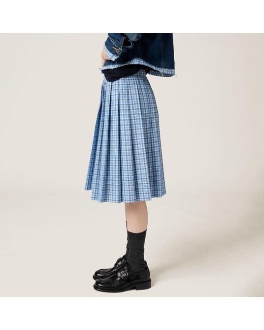 Miu Miu Pleated Check Skirt in Blue | Lyst
