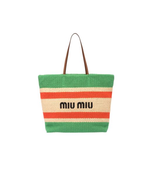 Miu Miu Green Raffia And Cotton Tote Bag