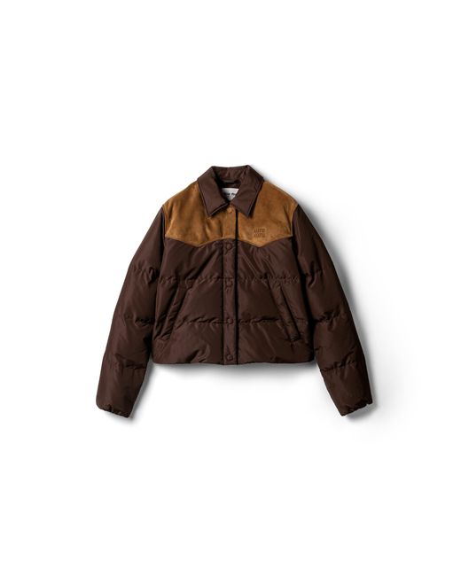 Miu Miu Brown Technical Pongé And Leather Down Jacket